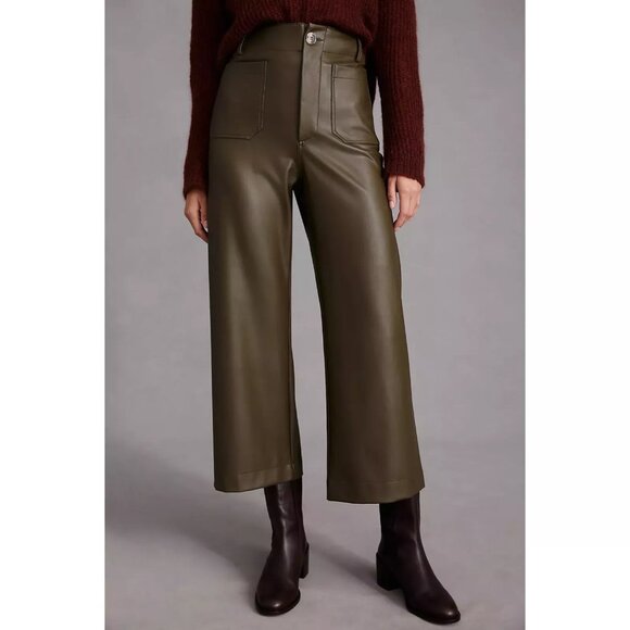 Anthropologie Maeve The Colette Cropped Wide-Leg Faux Leather Pants Moss 26W - Picture 3 of 11